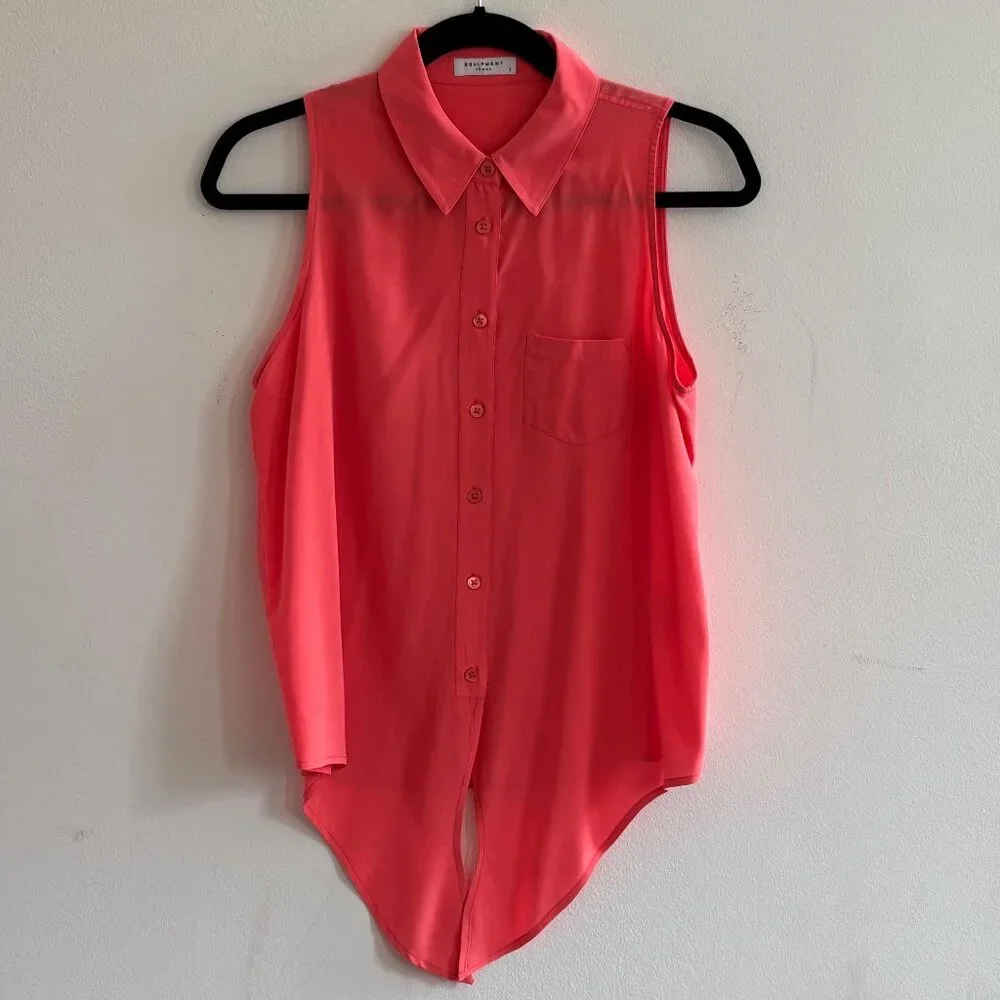 Equipment Sleeveless Silk Button-Down Tie Front Top - Coral - Picture 1 of 5